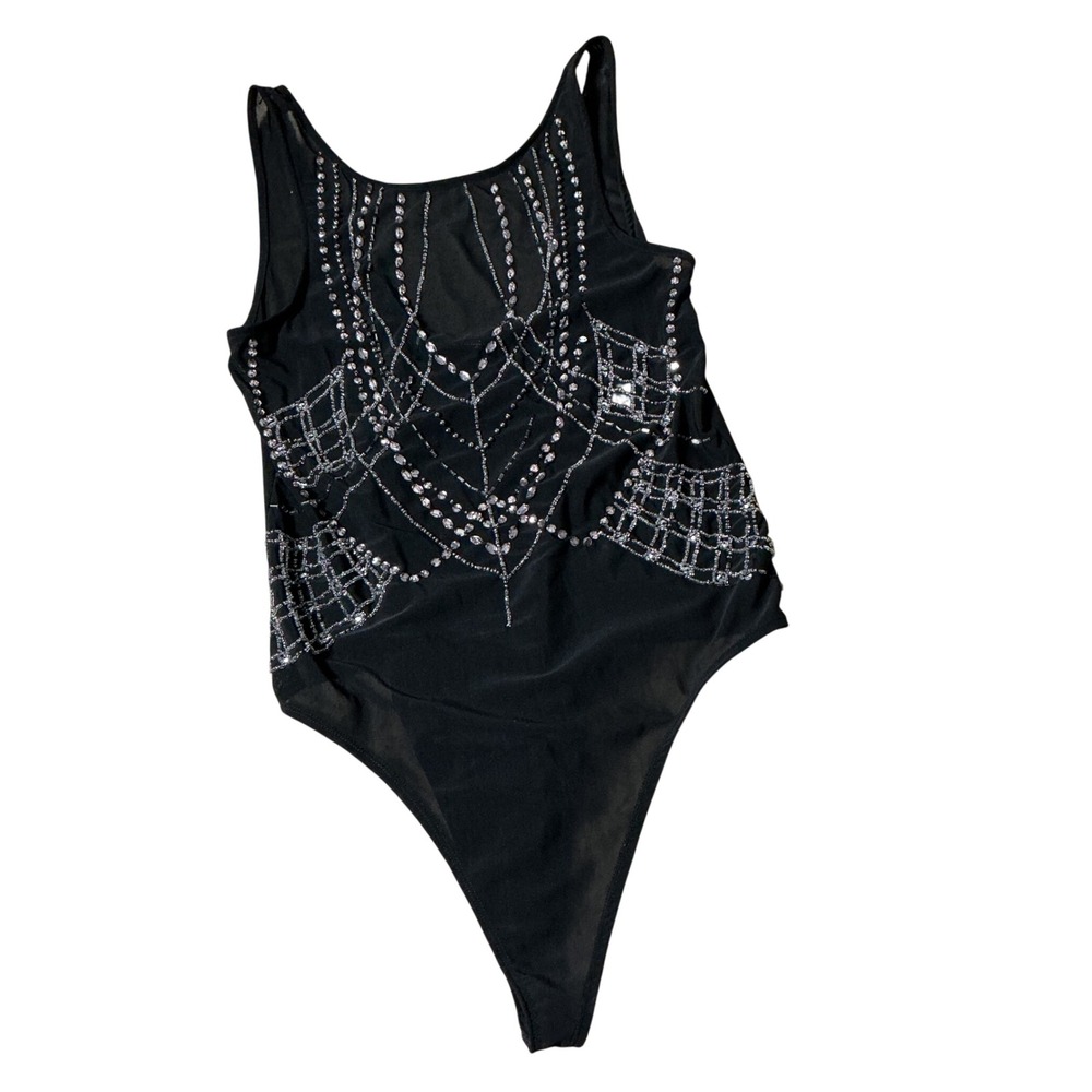 Revolve Spider Web Rhinestone‎ Mesh Bodysuit Womens Medium Black Goth Festival